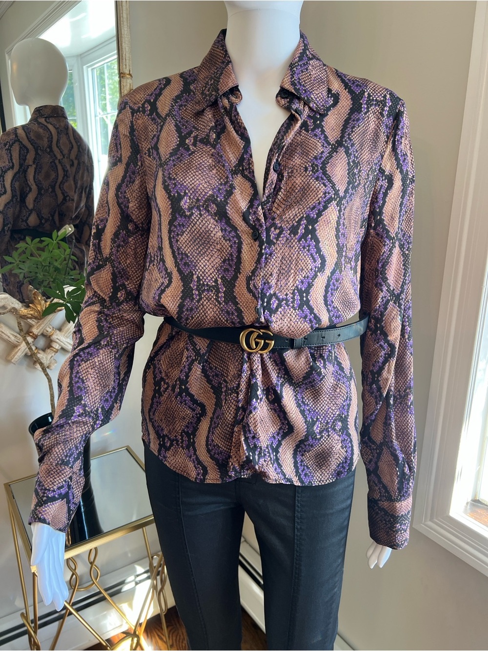 Pinko Pink and Purple Snake-Print Button Down Blouse